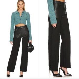 CAMILA COELHO MARCELINE BLACK LEATHER AND SUEDE STRAIGHT LEG PANTS, SIZE S